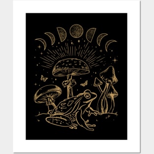 Frog Under Mushroom and Moon, Dark Academia Cottagecore Toad and Butterfly Posters and Art